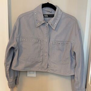 Zara Light Lavender Studded Cropped Jean Jacket
